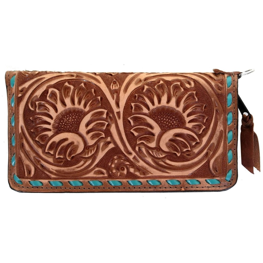 Double J Saddlery Sunflower Tooled Pecan Vintage Ladies Zipper Wallet